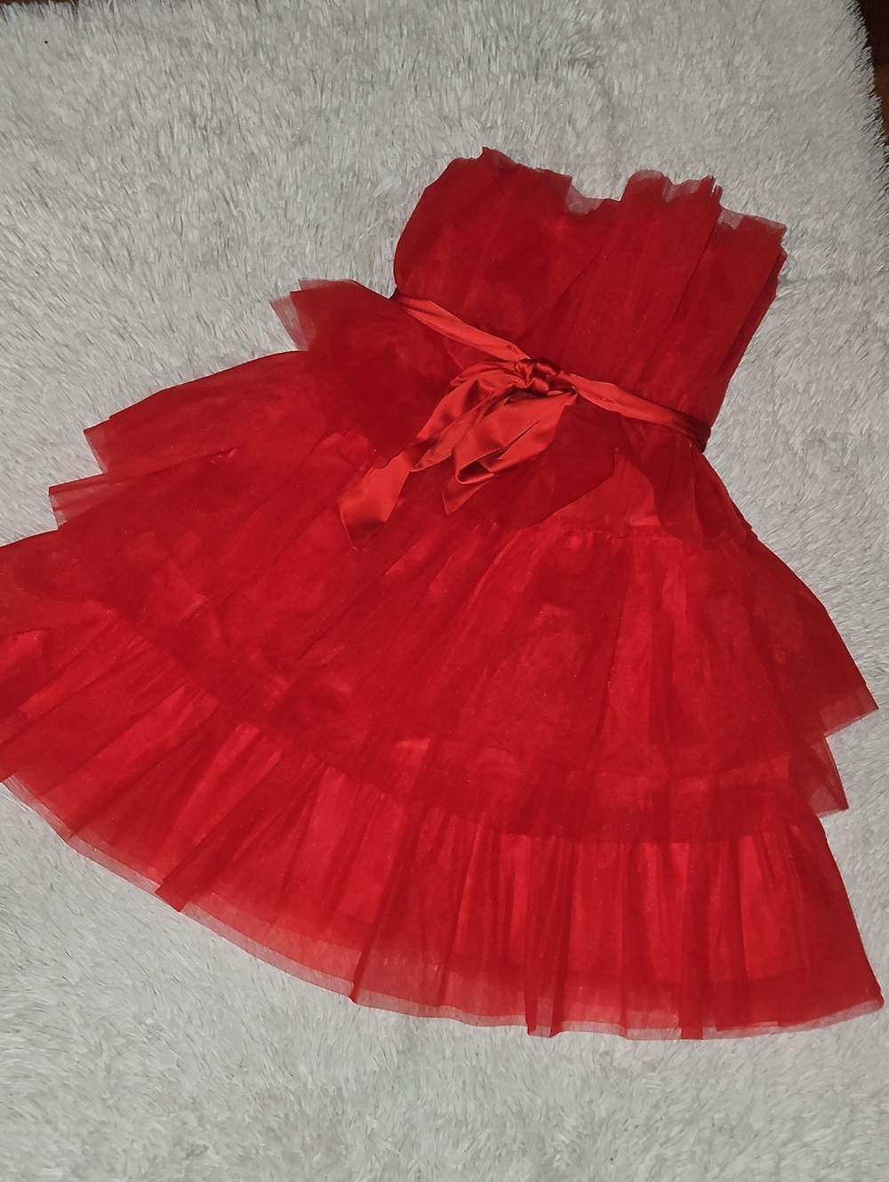 Strapless Red Tulle Party Dress with Satin Waist Tie